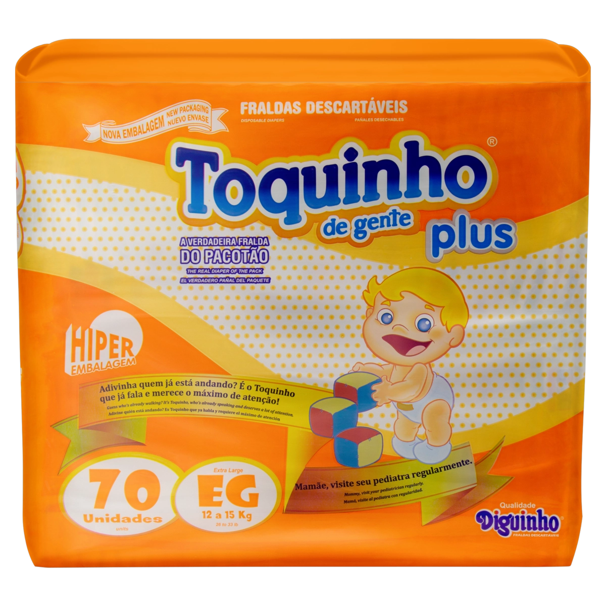 Fralda Descartável Infantil Diguinho Toquinho De Gente Plus Eg Pacote 70 Unidades