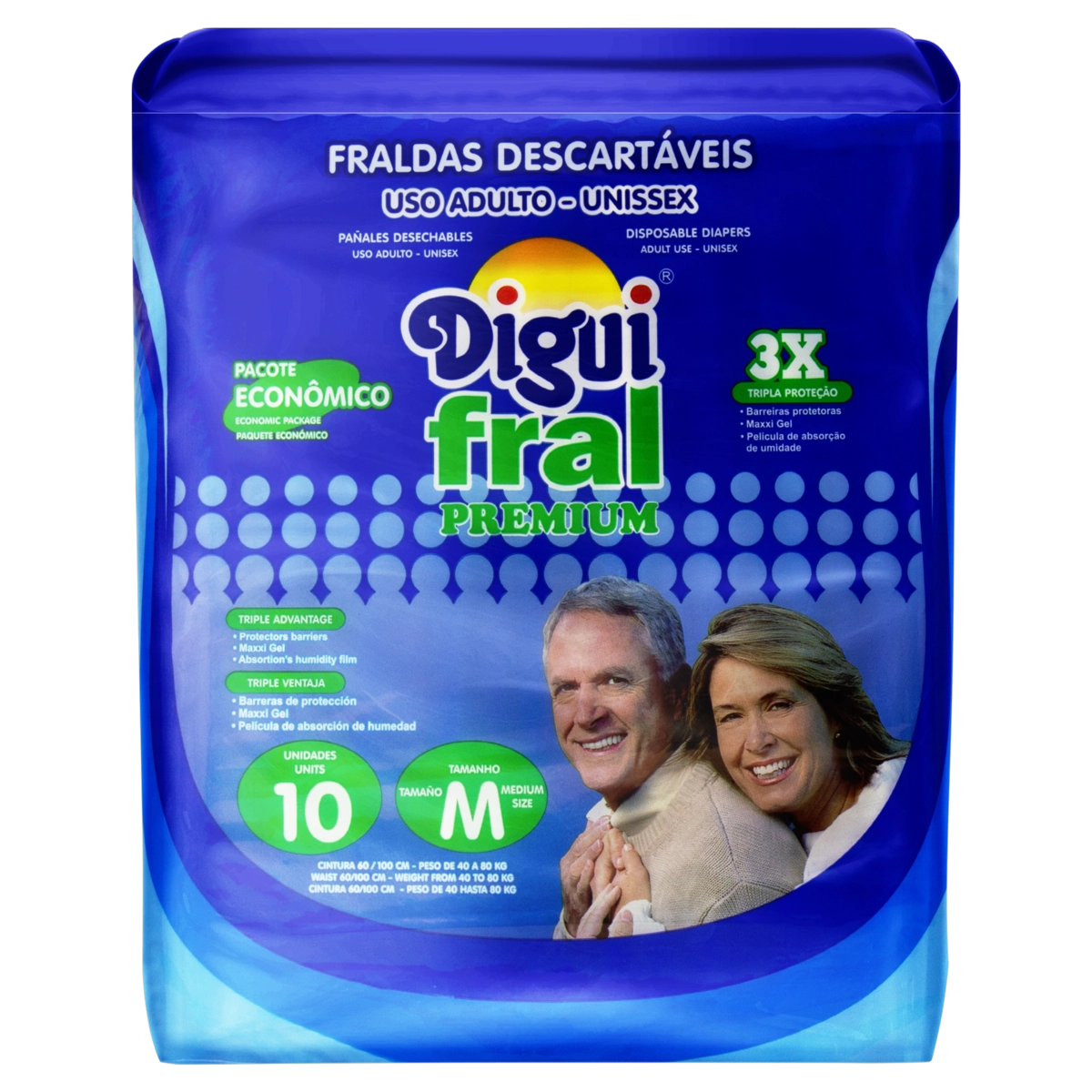 Fralda Descartável Adulto Tripla Proteção Digui Fral Premium M Pacote 10 Unidades