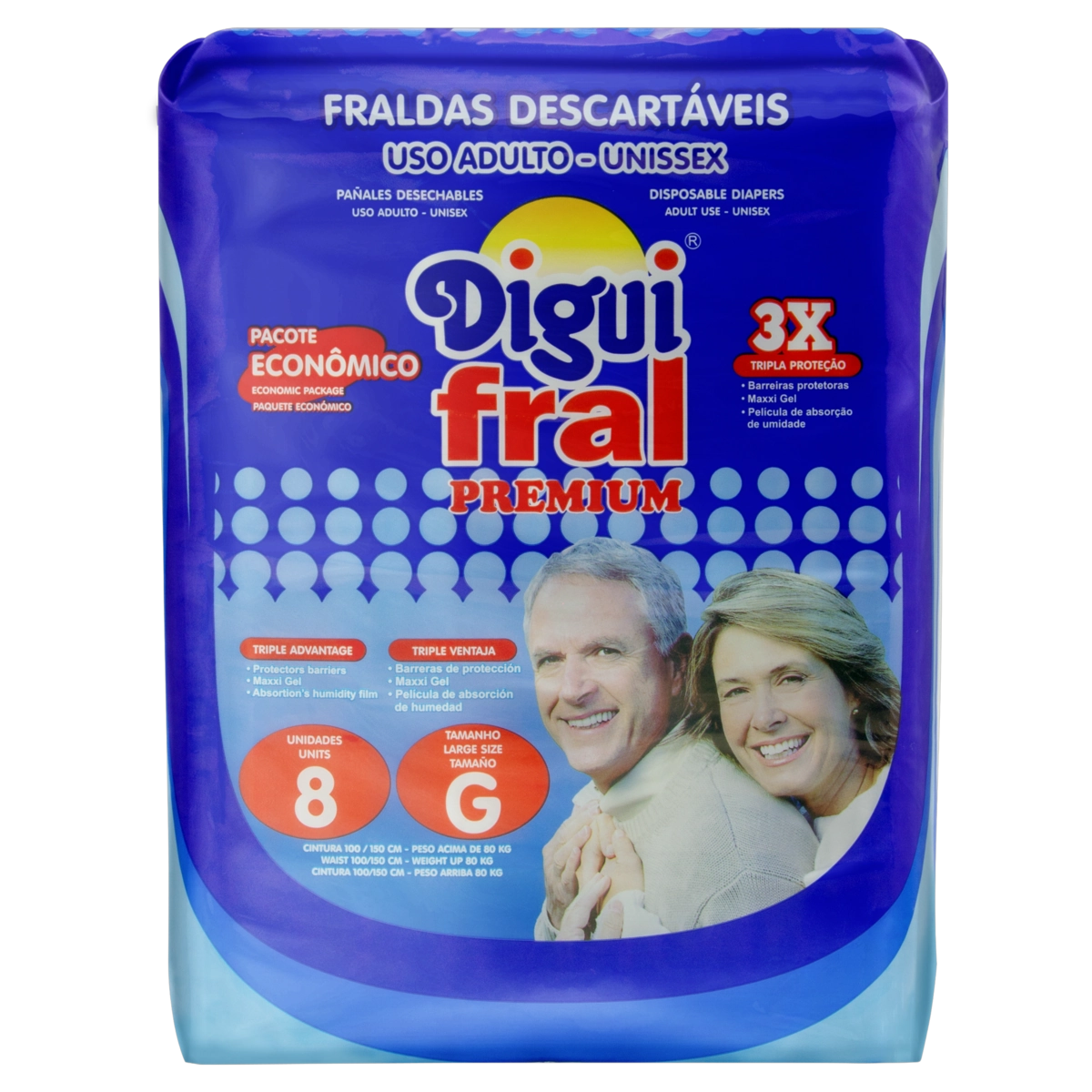 Fralda Descartável Adulto Tripla Proteção Digui Fral Premium G Pacote 8 Unidades