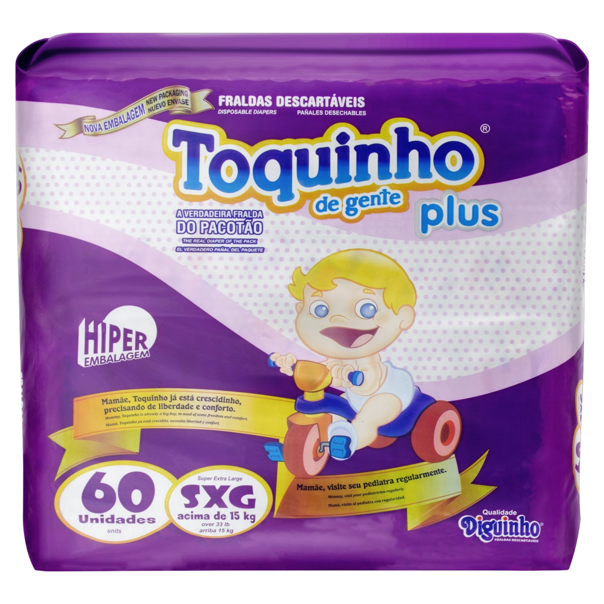 Fralda Descartável Infantil Diguinho Toquinho De Gente Plus Sxg Pacote 60 Unidades