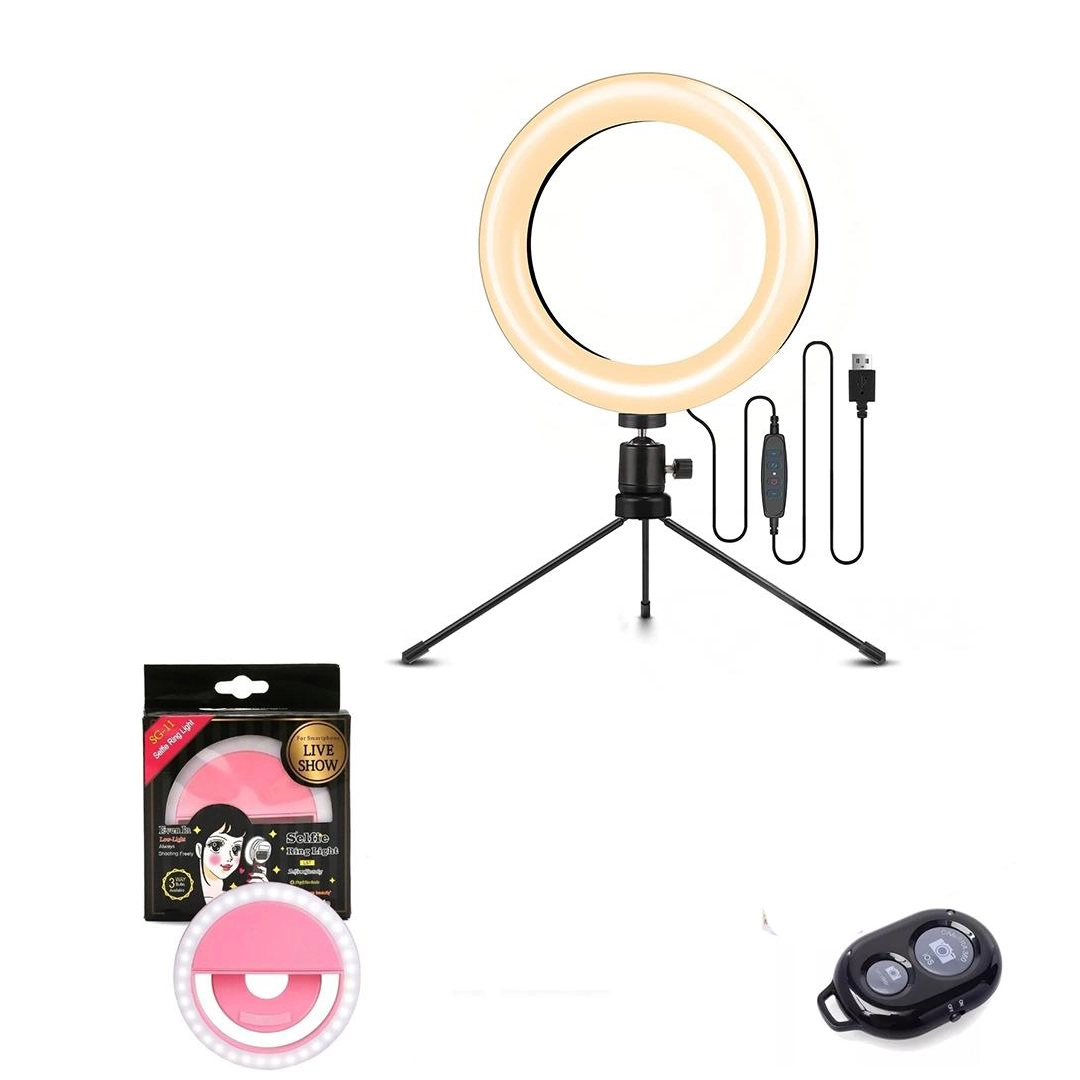 Kit Fotográfico Ring Light 6" Com Tripé De 16cm + Mini Ring Light De Celular + Disparador De Fotos Branco Único