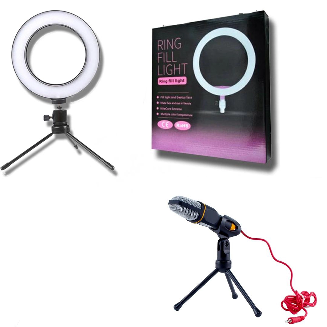 Conjunto Audiovisual - Ring Light 6 Polegadas com Tripé 16cm + Microfone SF-666 Youtuber Podcaster Cor:Branco