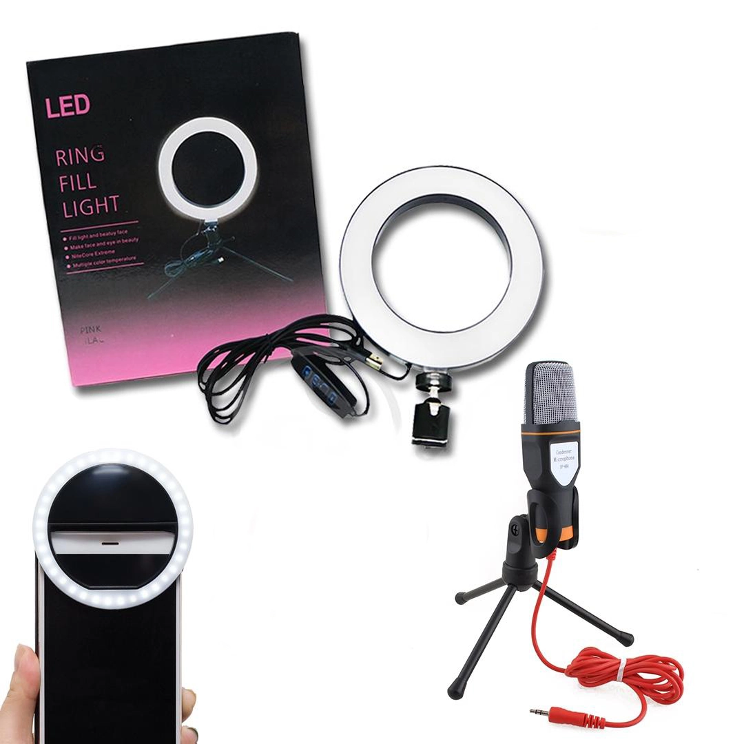 Kit Podcaster - Ring Light 6" Com Tripé De 16cm + Microfone Sf-666 + Mini Ring Light De Celular