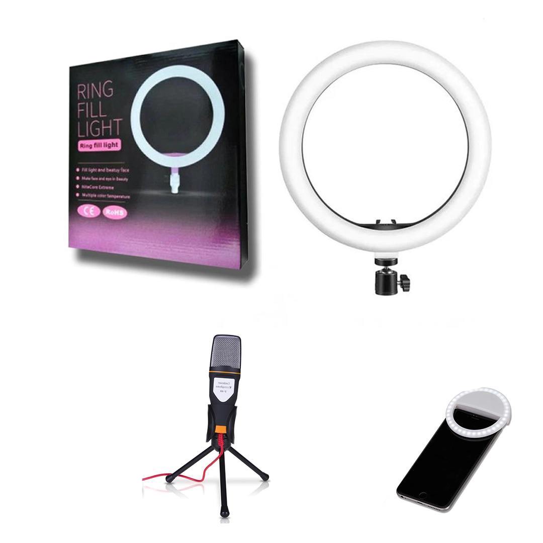 Kit Completo - Ring Light 6 Polegadas com Tripé 16cm + Microfone Condenser SF-666 + Mini Ring Light Cor:Branco