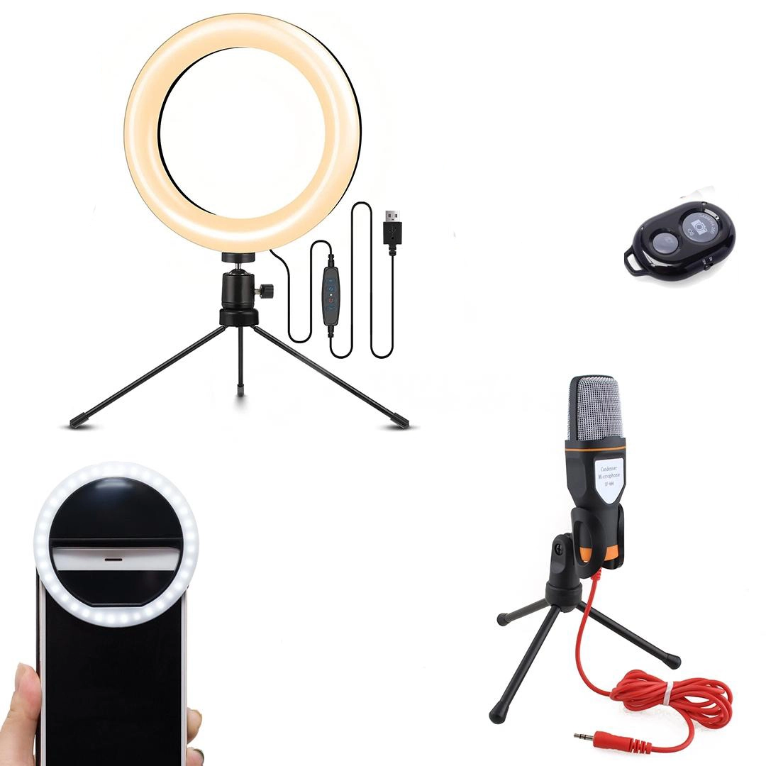 Kit Completo Ring Light 6" e Tripé de 16cm + Microfone SF-666 + Disparador de Foto + Mini Ring Light Cor:Branco