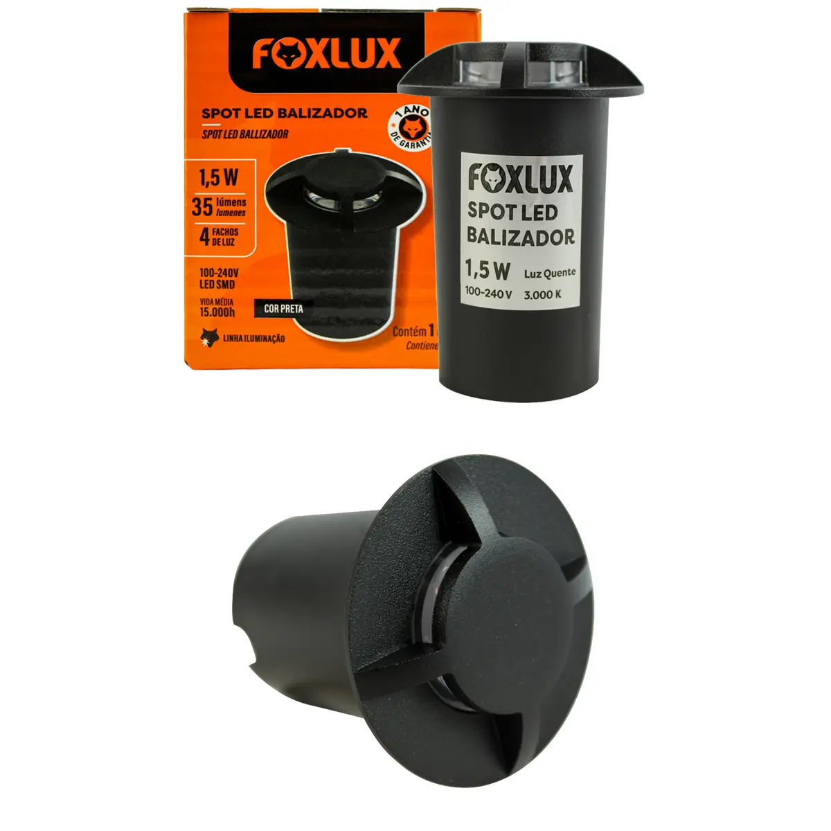 Kit 2 Spot Led Balizador Foxlux 1,5w 3000k 2 Fachos Preto