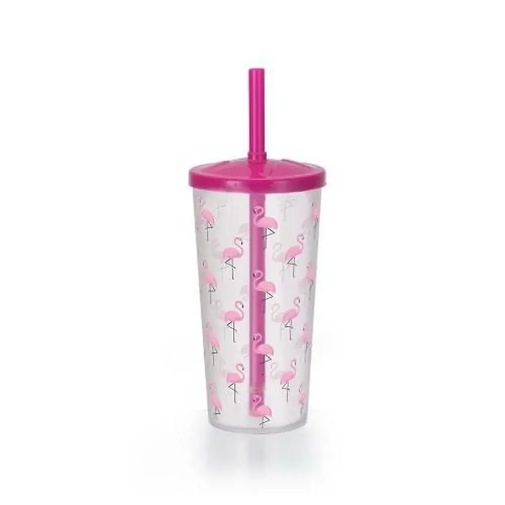 Copo Injetemp Decorado 600ml Flamingo C/ Canudo
