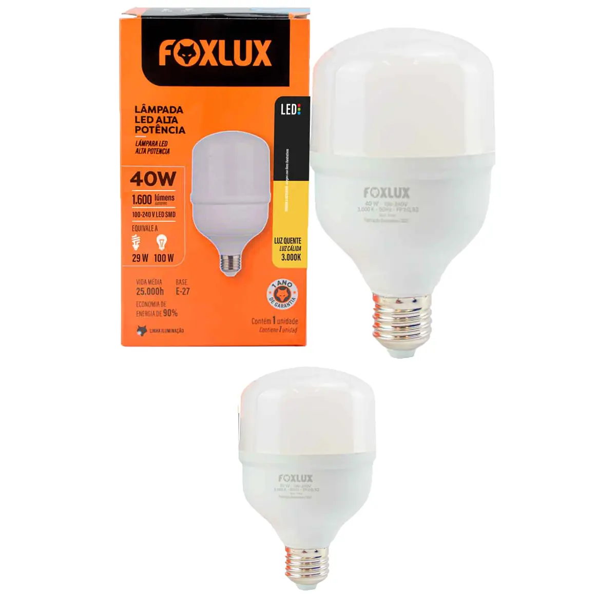 Kit 2 Lâmpada Led De Alta Potência Foxlux E-27 40w 3000k Biv