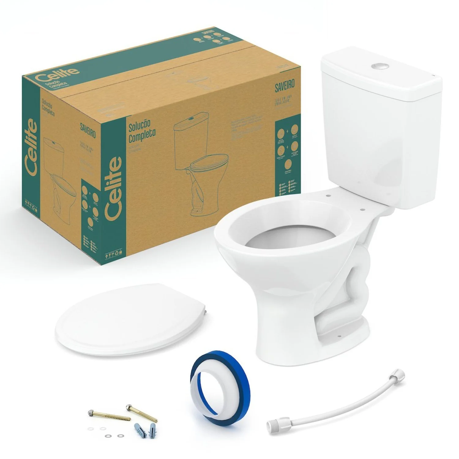 Kit Bacia Caixa Saveiro Branca C/assento E Fixacao Celite