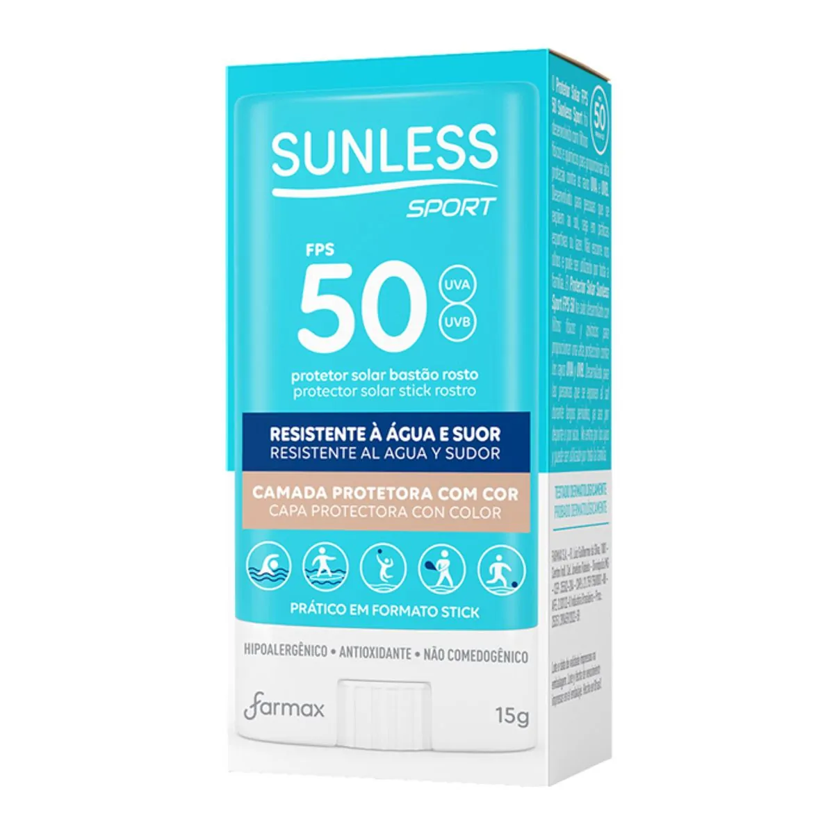Protetor Solar Rosto Bastão Com Cor Fps 50 Fp Uva 32 Sunless Sport Caixa 15g