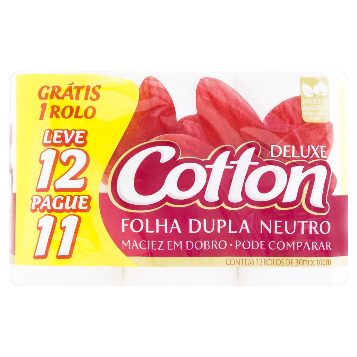 Papel Higiênico Folha Dupla Neutro Cotton Deluxe 30m Pacote Leve 12 Pague 11 Unidades