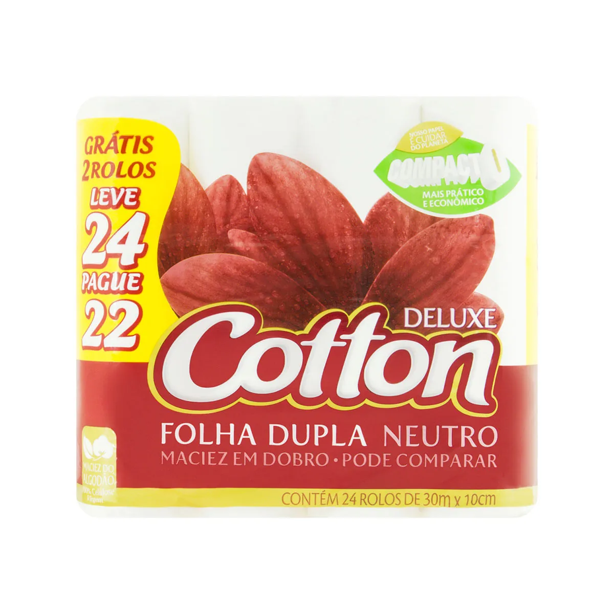 Papel Higiênico Folha Dupla Neutro Cotton Deluxe 30m Pacote Leve 24 Pague 22