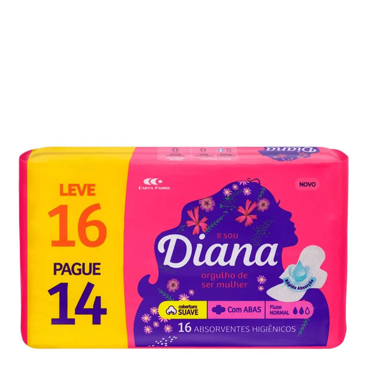 Absorvente Com Abas Suave Diana Regular Pacote Leve 16 Pague 14 Unidades