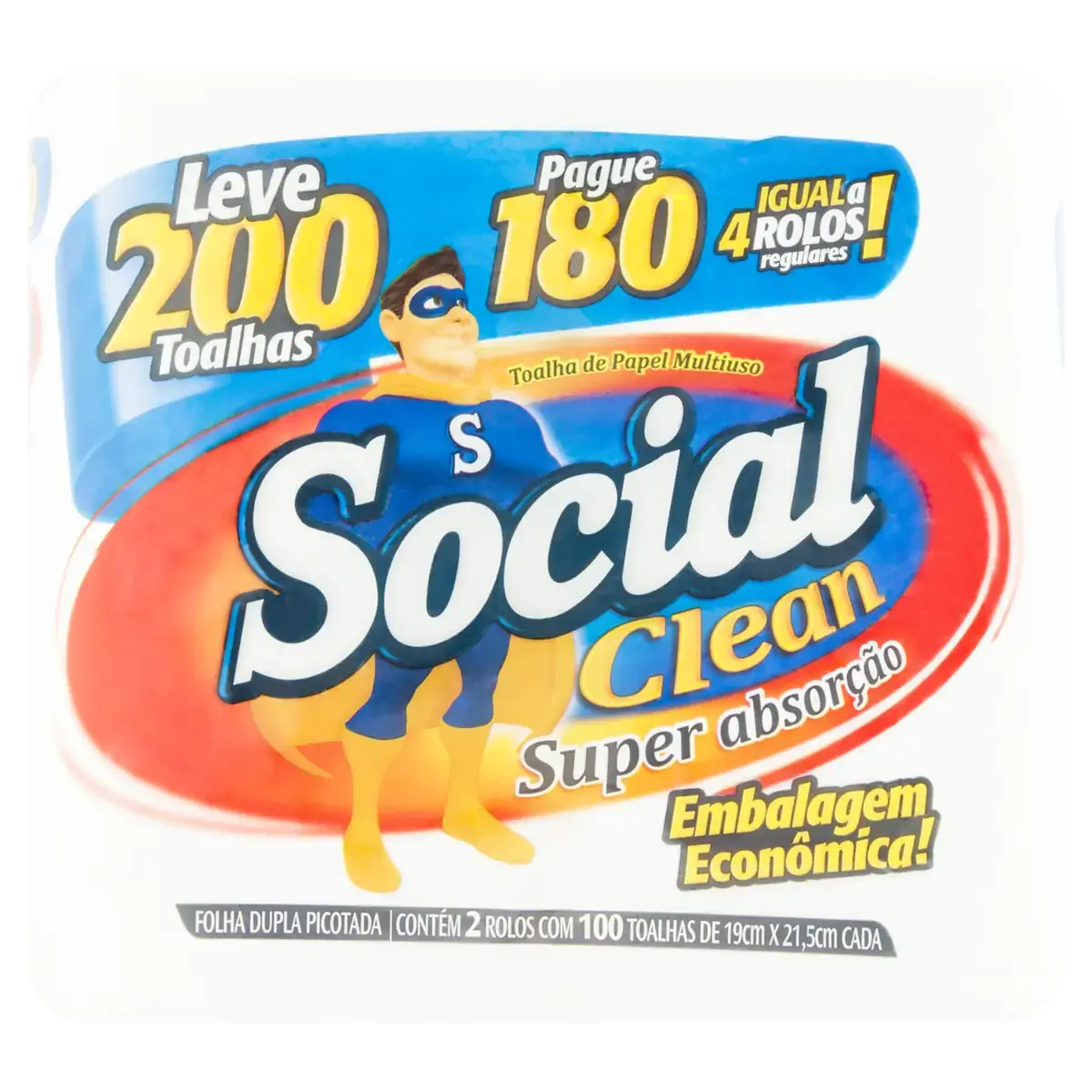 Toalha De Papel Folha Dupla Social Clean Super Absorção Pacote 2 Unidades Leve 200 Pague 180 Unidade