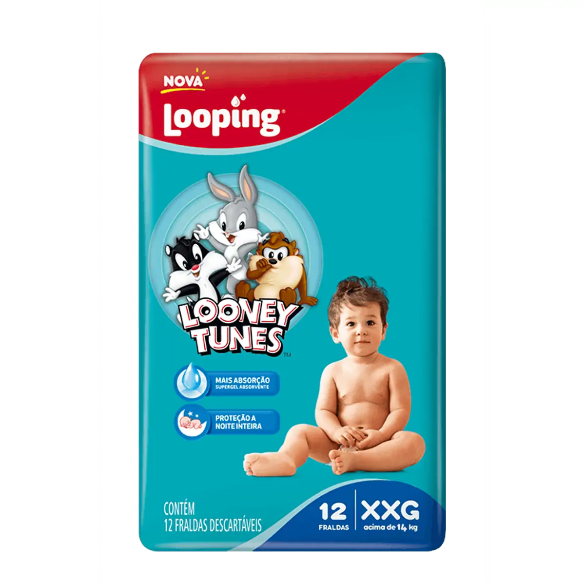 Fralda Descartável Infantil Baby Looney Tunes Xxg Pacote 12 Unidades