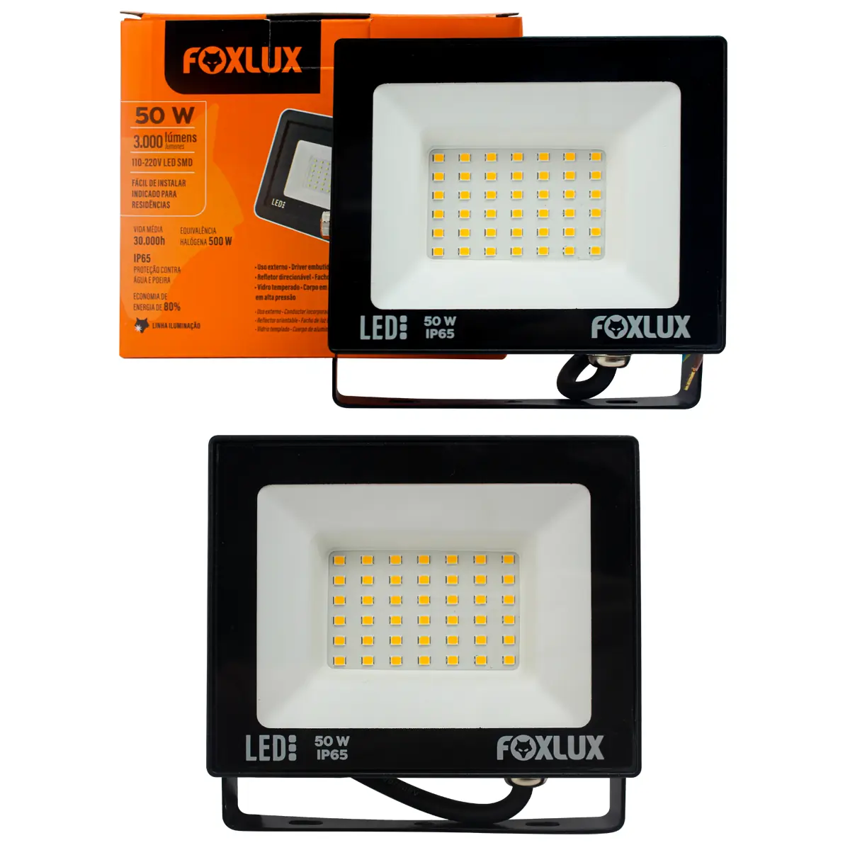 Kit 2 Refletor Led Foxlux 50w 3000k Bivolt Preto