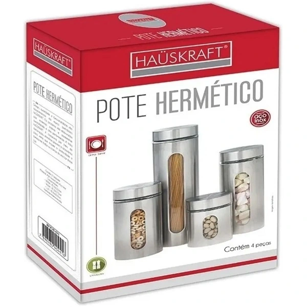 Jogo de potes hermeticos inox com visor em vidro 4 unidades