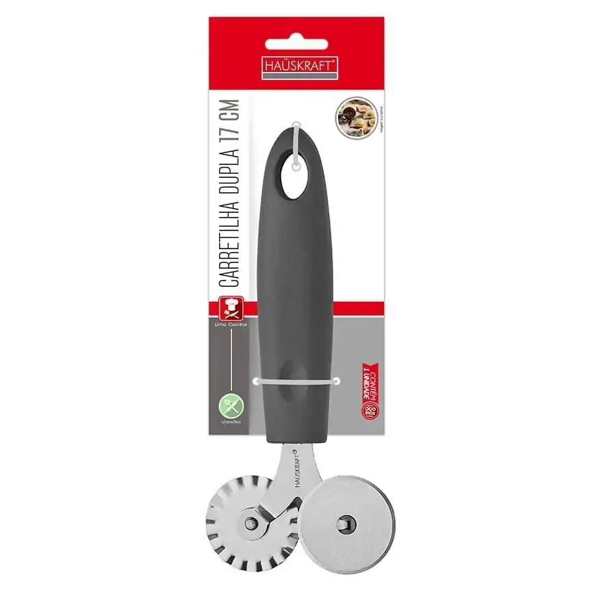 Carretilha/ Cortador Duplo De Pizza De Inox Com Cabo Plástico Cinza 17cm - Hauskraft