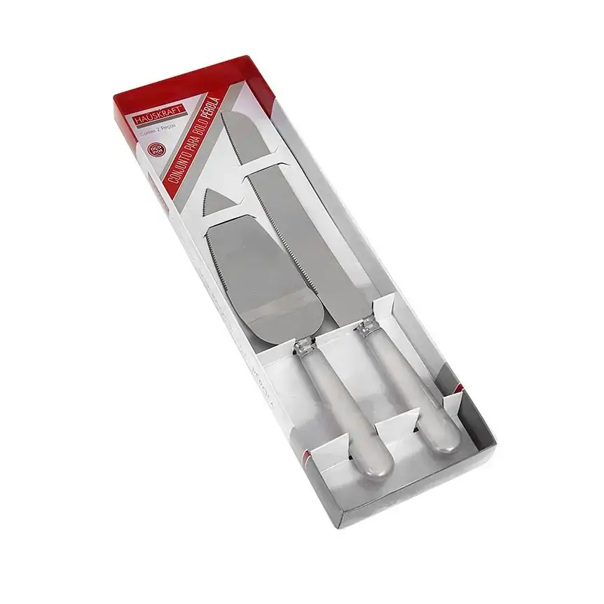 Conjunto Para Bolo Com Espatula + Faca De Inox Cabo Acrilico Perola Hauskraft
