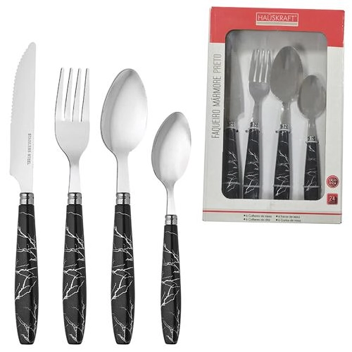 Faqueiro mármore preto 24 peças faca inox
