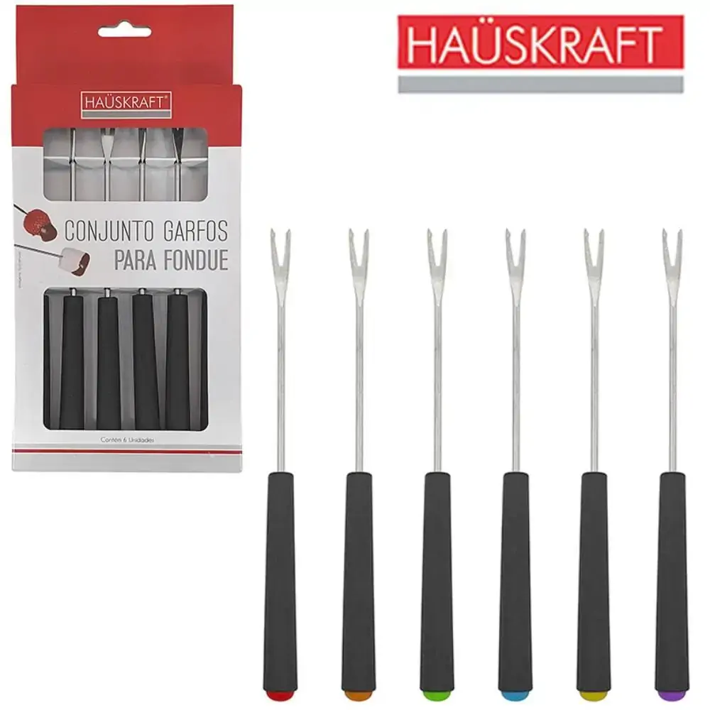 Kit com 6 Garfos para Fondue de Inox Cabo Plástico Preto Hauskraft - 18cm