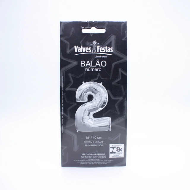 Balão Número 2 Valves Festas Prata Metalizado 16/40cm Contém 1 Unidade