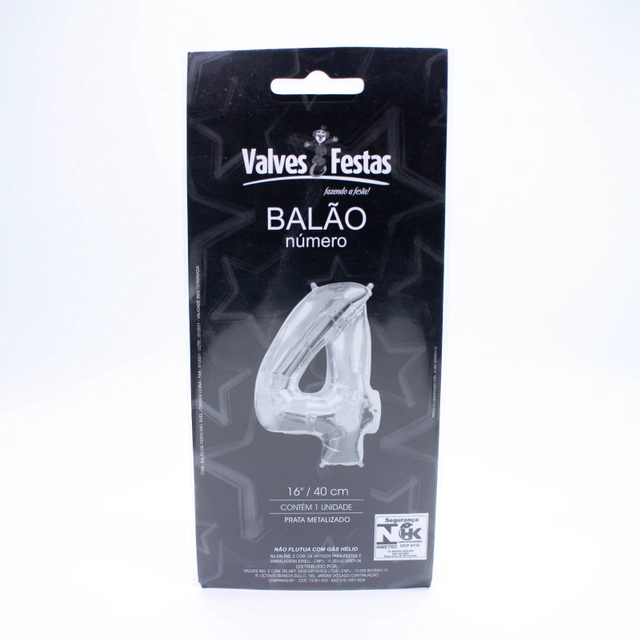 Balão Número 4 Valves Festas Prata Metalizado 16/40cm Contém 1 Unidade