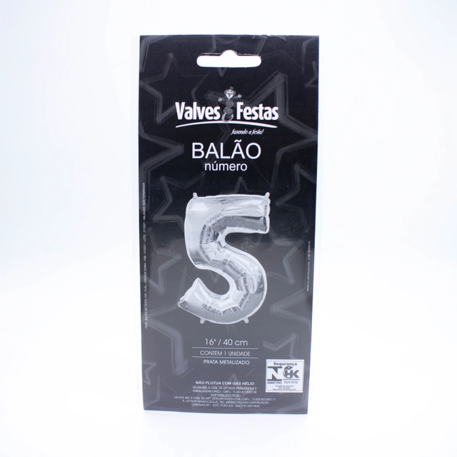 Balão Número 5 Valves Festas Prata Metalizado 16/40cm Contém 1 Unidade