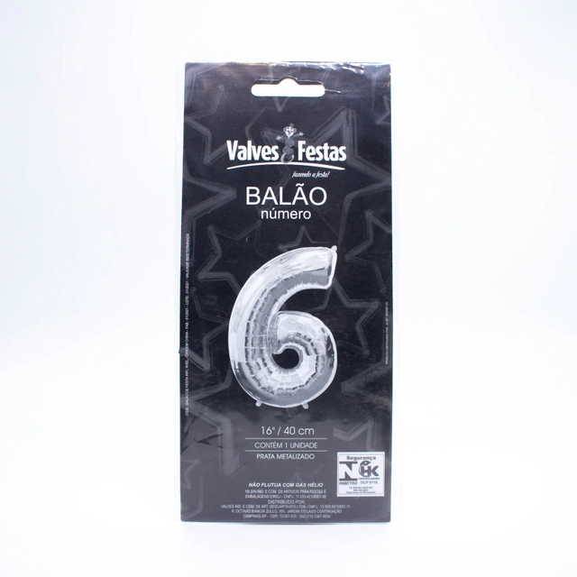 Balão Número 6 Valves Festas Prata Metalizado 16/40cm Contém 1 Unidade