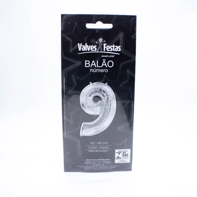 Balão Número 9 Valves Festas Prata Metalizado 16/40cm Contém 1 Unidade