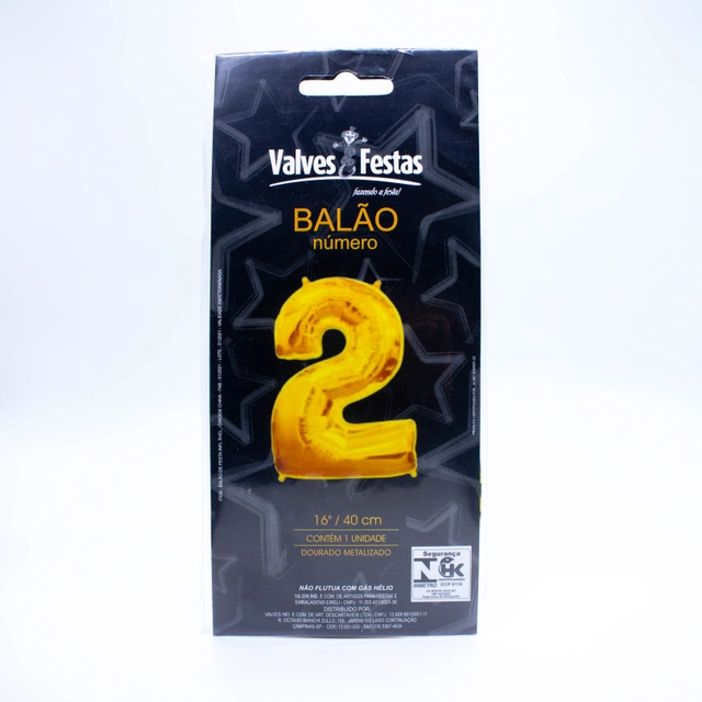 Balão Número 2 Valves Festas Dourado 16/40cm Contém 1 Unidade