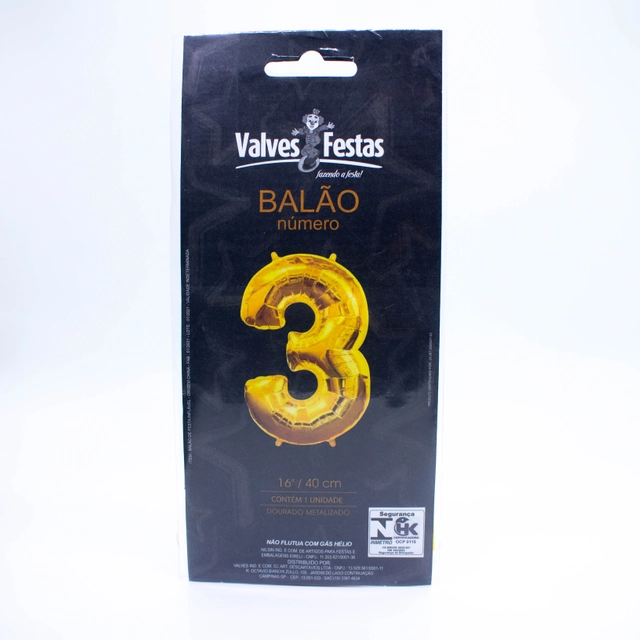 Balão Número 3 Valves Festas Dourado 16/40cm Contém 1 Unidade