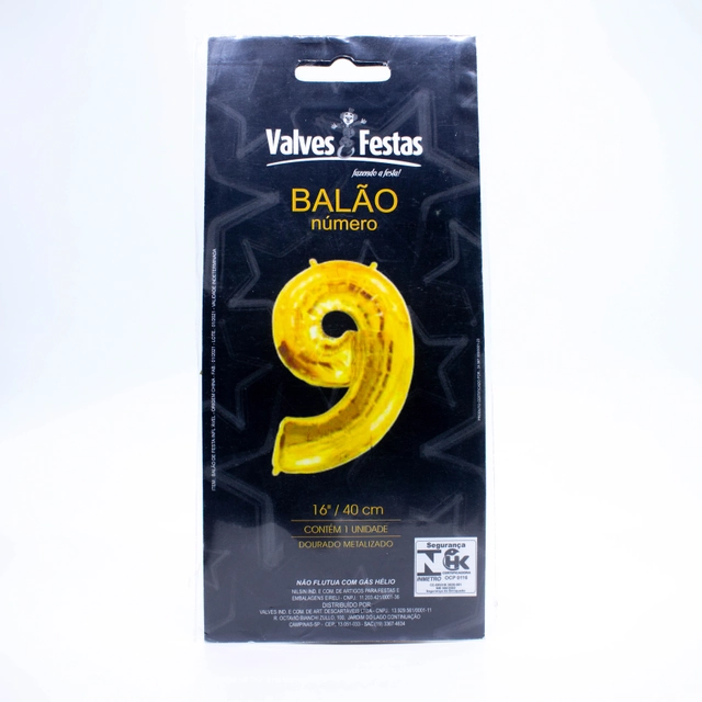 Balão Número 9 Valves Festas Dourado 16/40cm Contém 1 Unidade