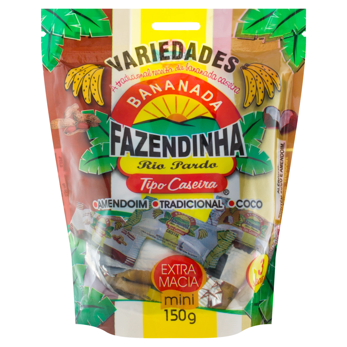Bananada Caseira Amendoim, Tradicional E Coco Fazendinha Pacote 150g