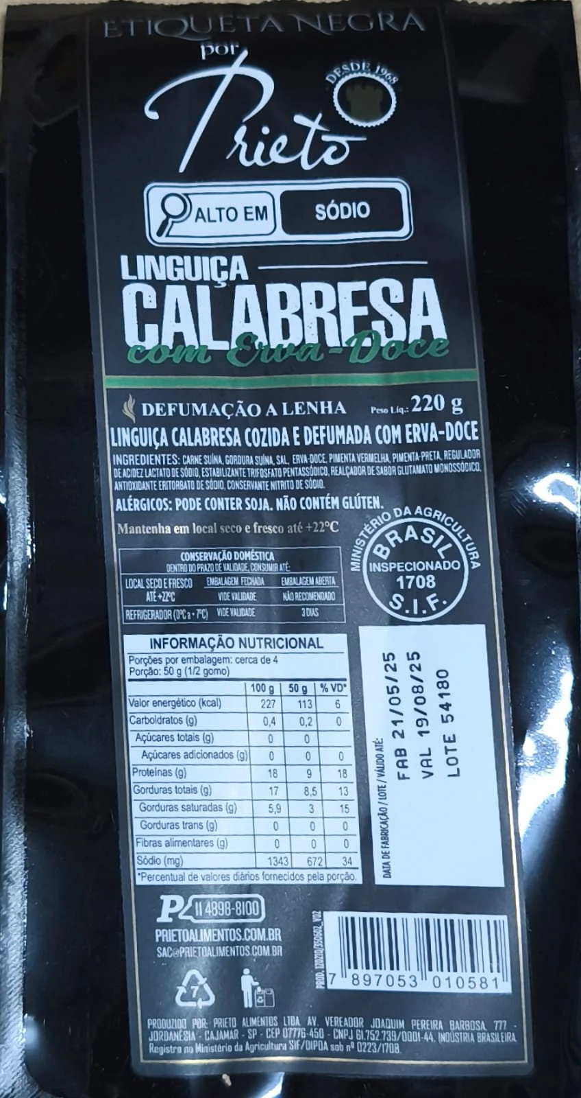 Ling Prieto Calabresa Def 220g C/ Erva Doce