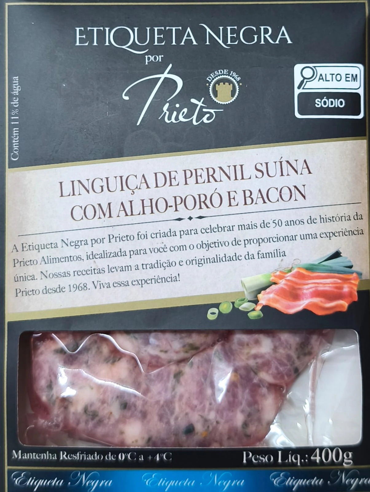 Linguiça De Pernil Com Alho Poró E Bacon Prieto Etiqueta Negra 400g