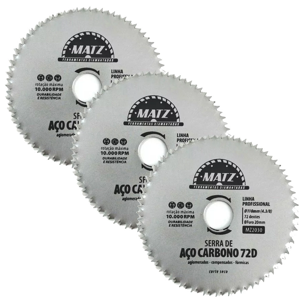 Kit 3 Disco Serra Aço P/ Madeira 72 Dentes 110mm X 20mm Matz