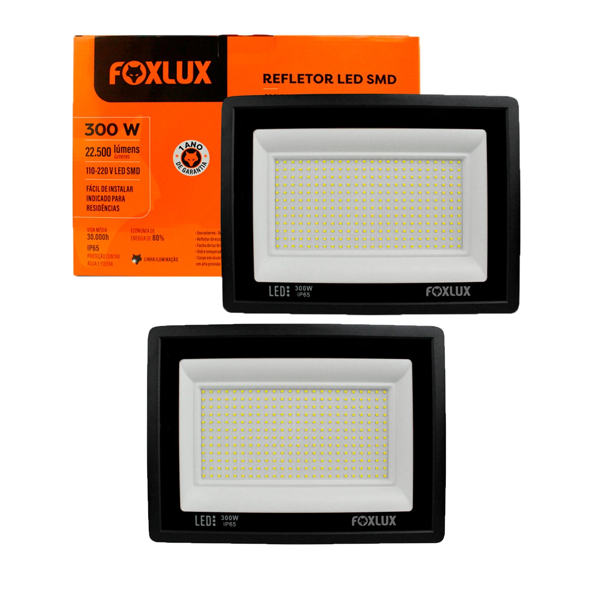 Kit 2 Refletor Led Foxlux 300w 6500k Bivolt Preto
