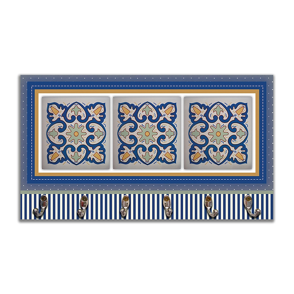 Cabideiro De Parede Porta Colar Chaves Cintos Toalhas Azulejo Azul