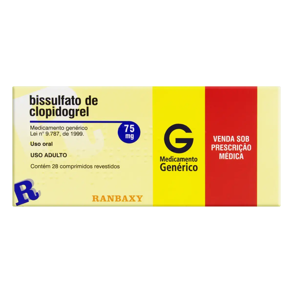 Bissulfato De Clopidogrel 75mg Ranbaxy Caixa 28 Comprimidos Revestidos
