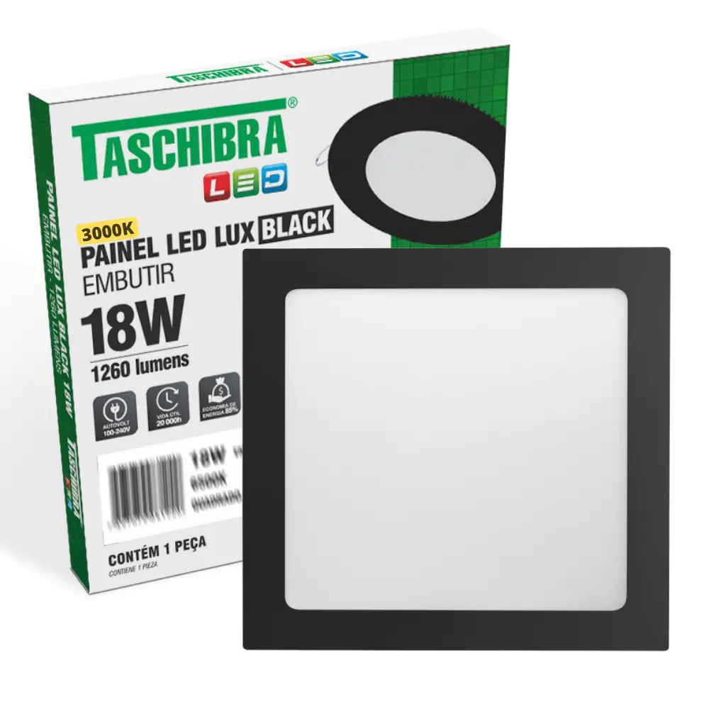 Painel De Led Quadrado Embutir 18w Preto Bivolt Taschibra 3000k Amarelo Quente