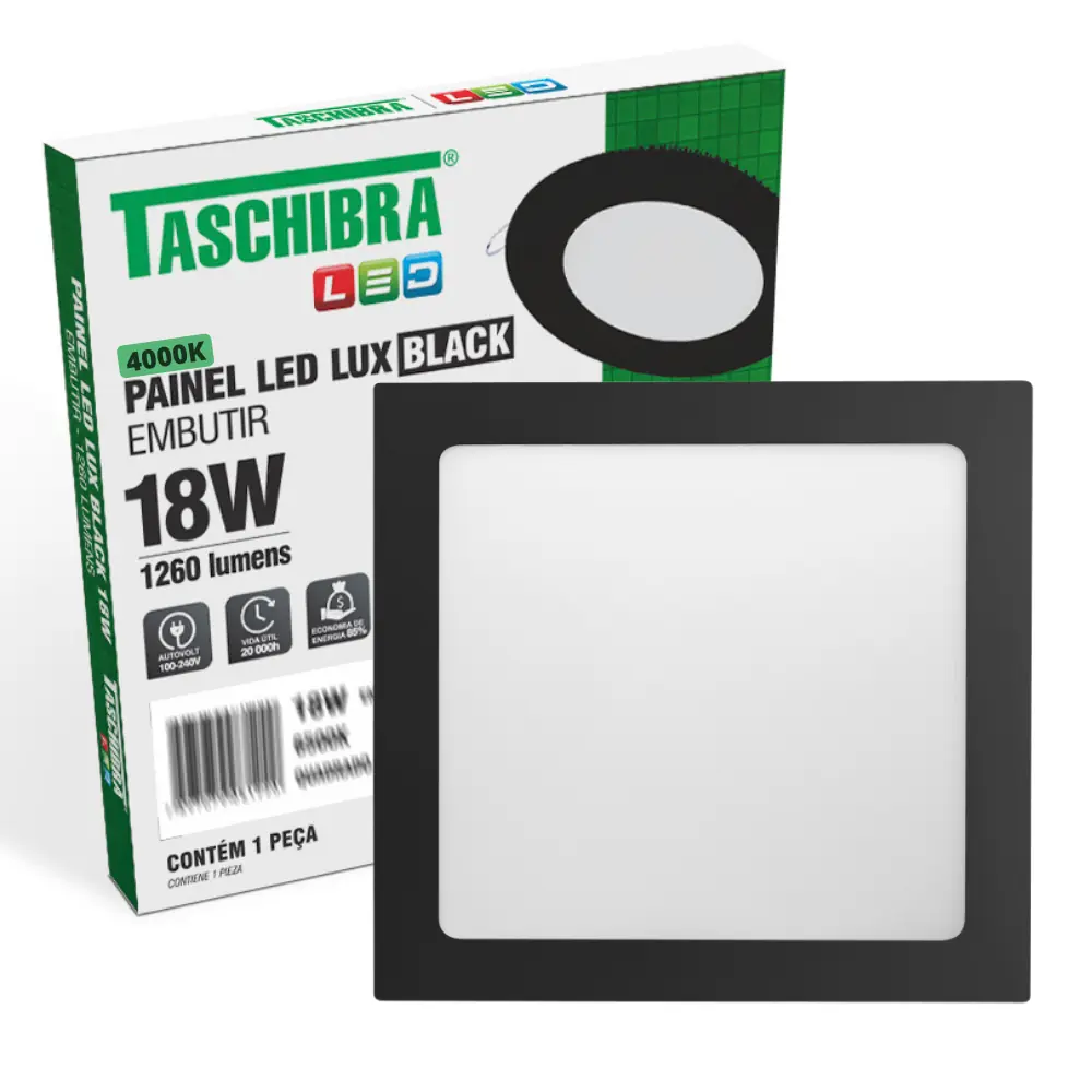 Painel De Led Quadrado Embutir 18w Preto Bivolt Taschibra 4000k Neutro Suave