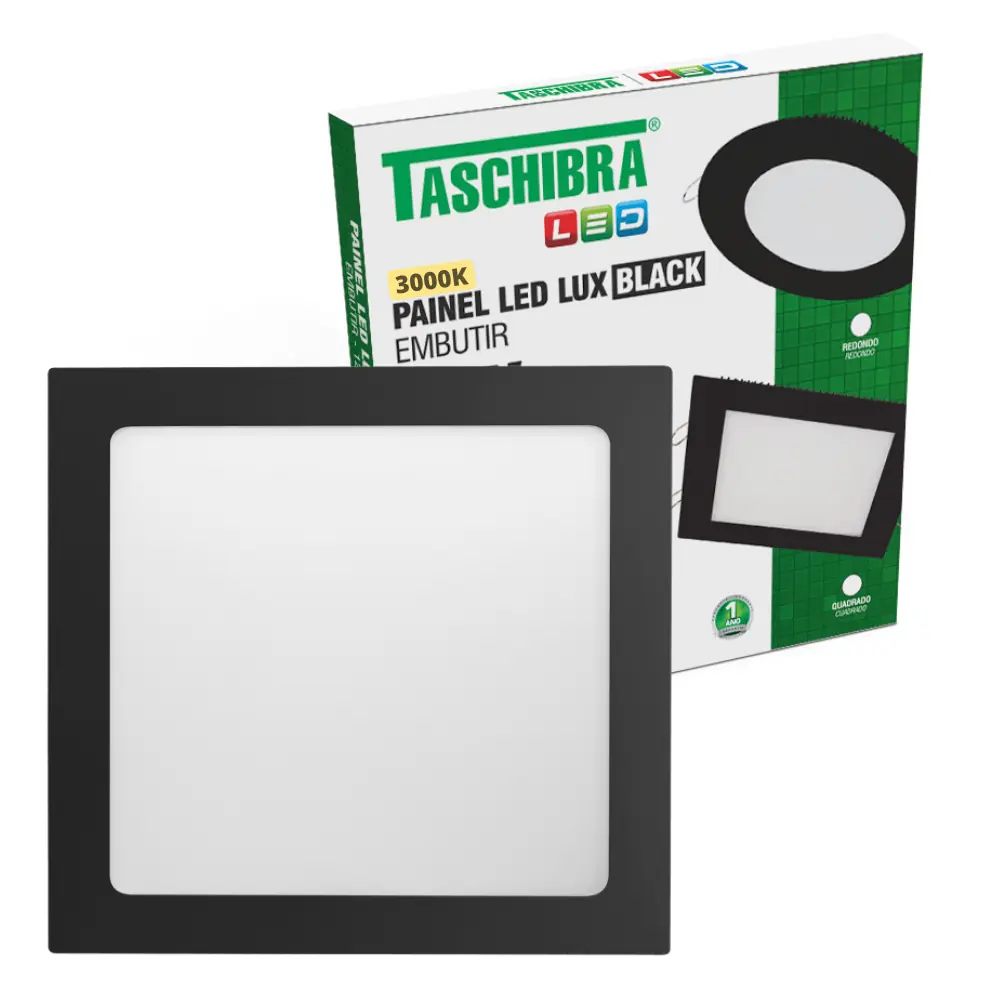 Painel De Led Quadrado Embutir 24w Preto Bivolt Taschibra 3000k Amarelo Quente