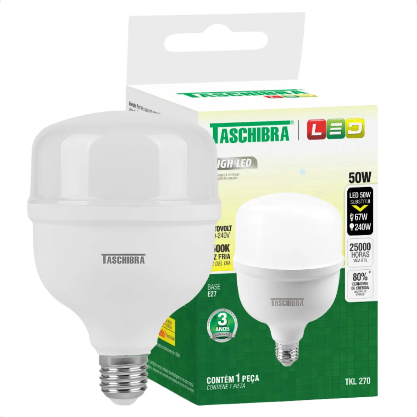 Lâmpada High Led 50w Bivolt E27 3000k Luz Quente Taschibra
