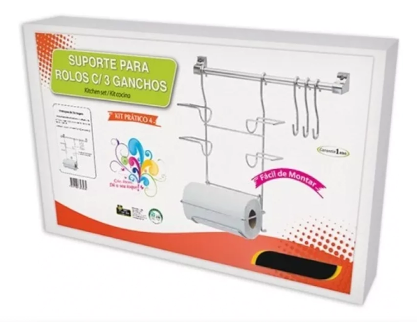 Kit Suporte Portal Papel Toalha Alumínio e PVC + Barra + Ganchos - Passerini