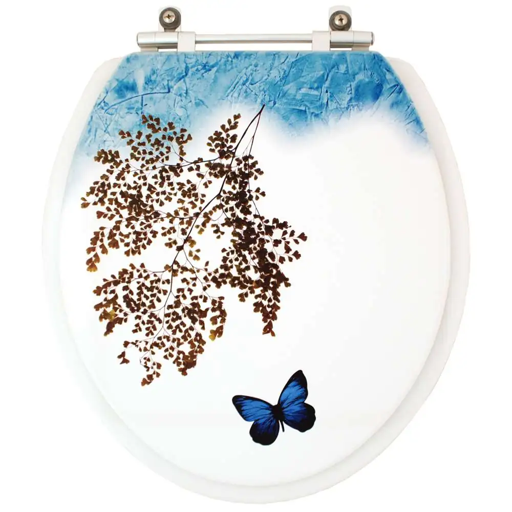 Assento Sanitario Laqueado Convencional Branco Decorado Avenca Com Borboleta