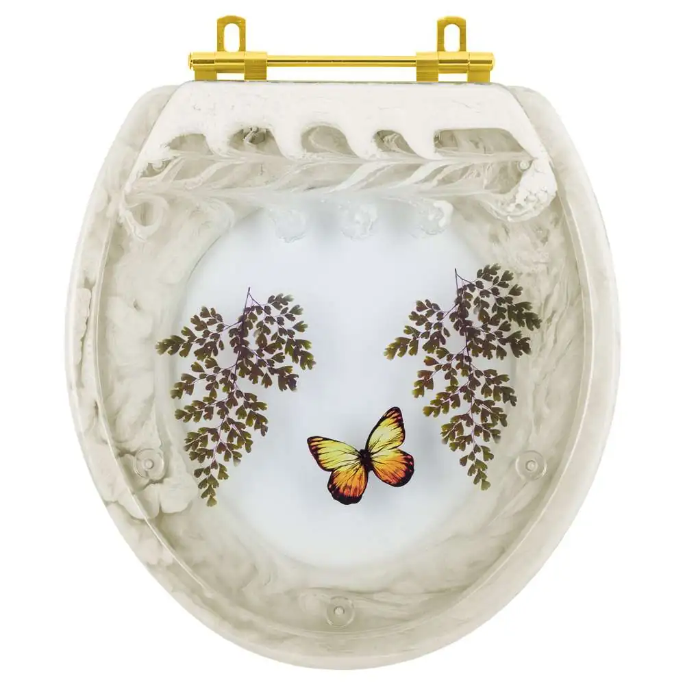 Assento Sanitário Poliéster Oval Bege Decorado Borboleta Amarela Com Ferragem Dourada