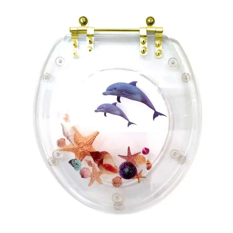 Assento Sanitário Poliéster Oval Cristal Golfinho Conchas Com Ferragem Dourada