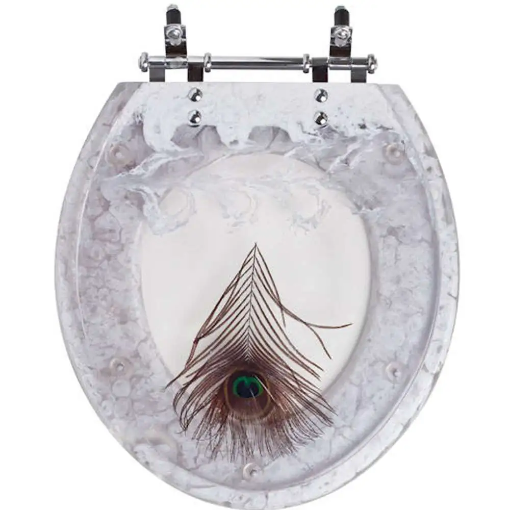 Assento Sanitario Poliester Convencional Oval Branco Decorado Pena De Pavao