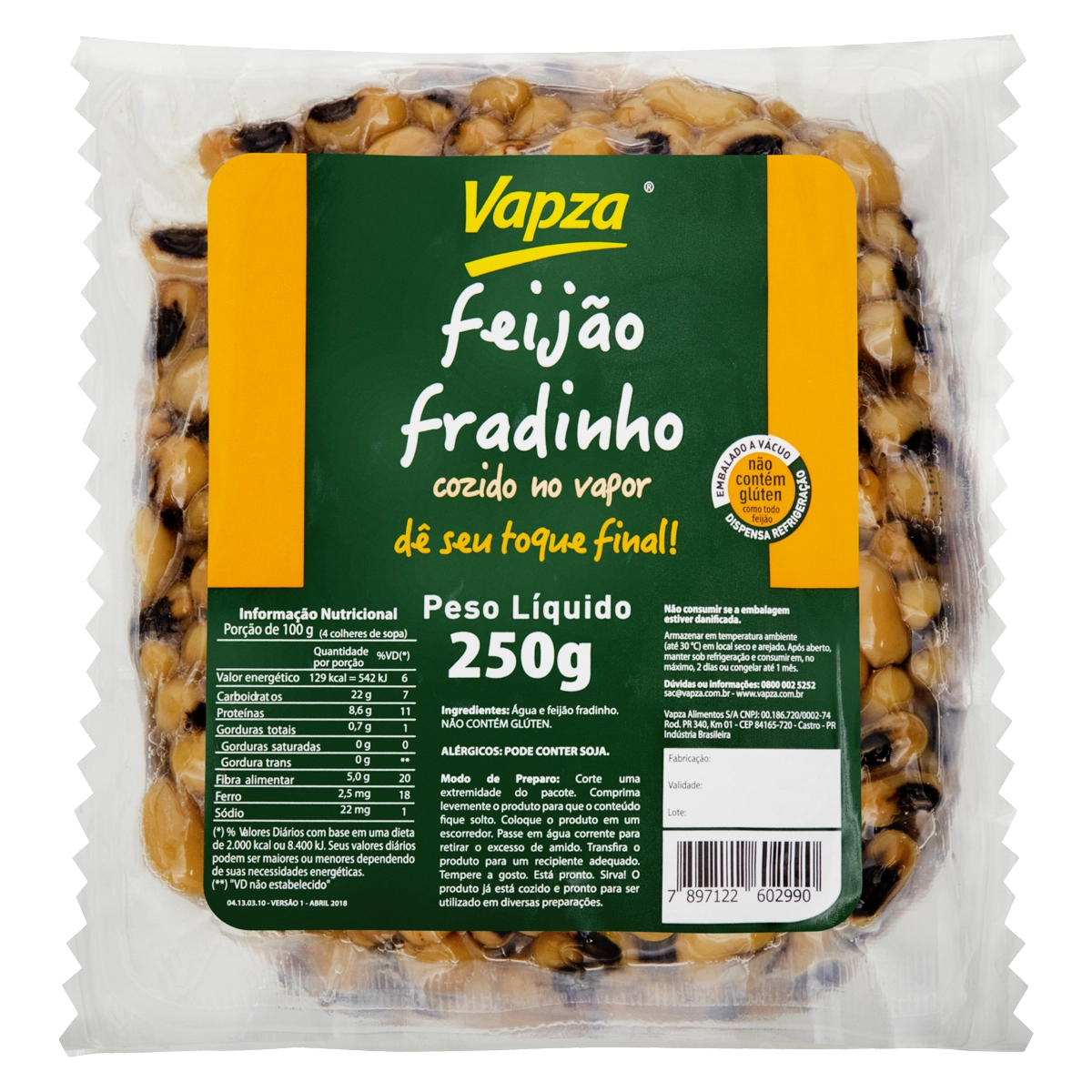 Feijão Fradinho Cozido No Vapor Vapza Pacote 250g